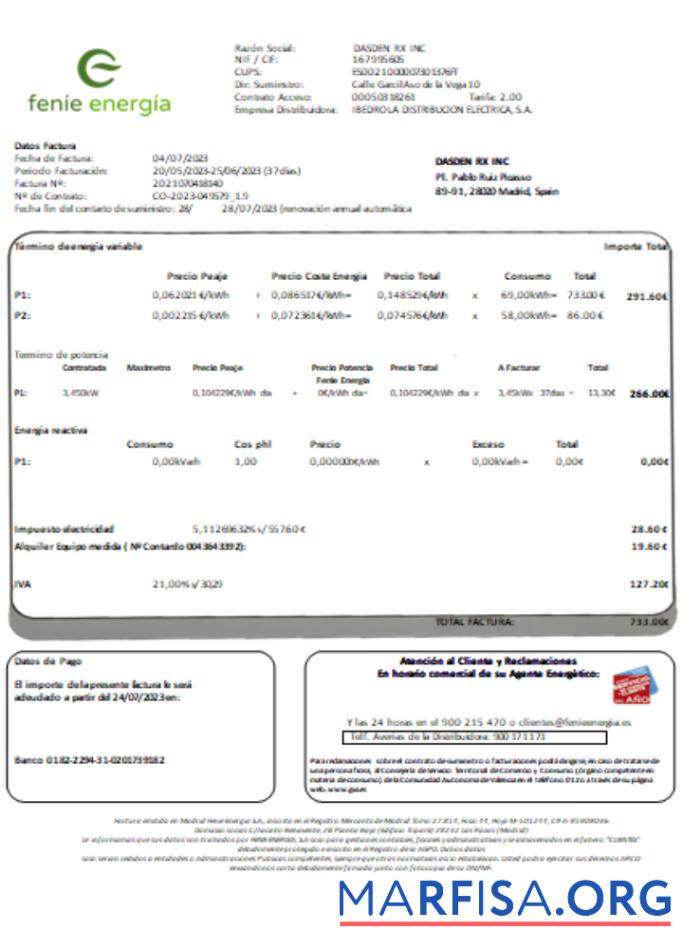 Blank Feníe Energía utility business bill, SCR example